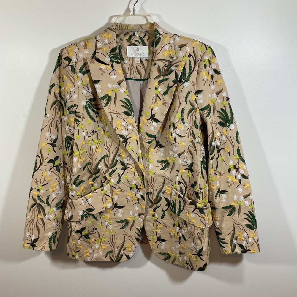 Etcetera Tan Floral Embroidered Cotton Blazer Jacket 10 Cottage Garden Botanical